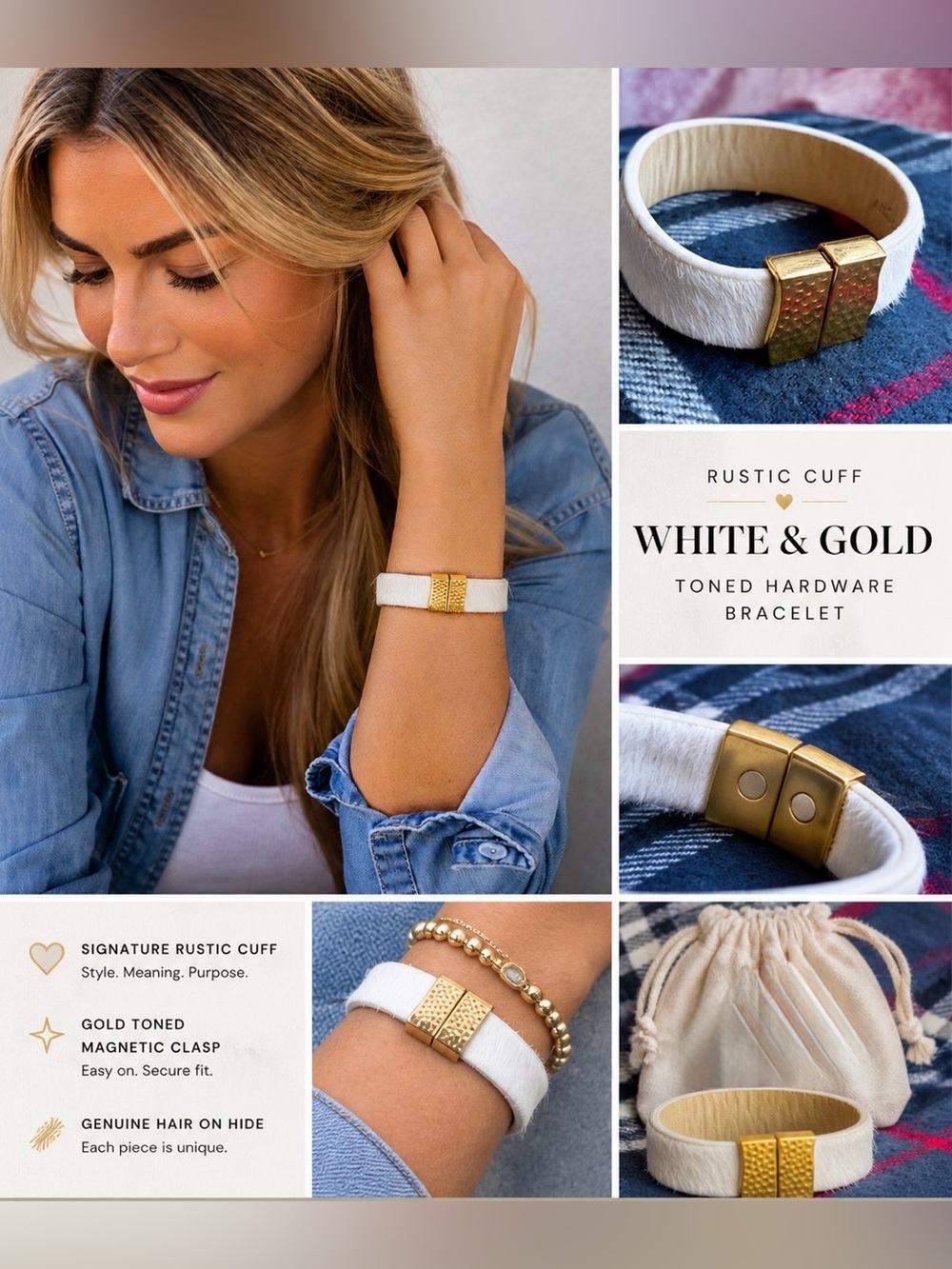Rustic Cuff | White and Gold toned hardware Bracelet